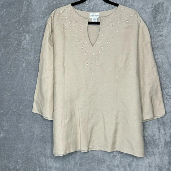 Caren Sport 2X Shirt Top Beige Solid 3/4 Sleeve Split Round Neck Embellished - Picture 1 of 6
